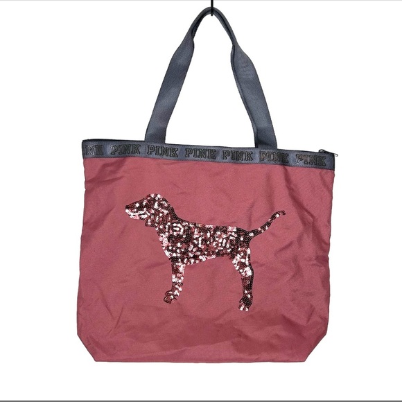 Victoria's Secret PINK Bling Sequin Dog‎ Zip Top Shoulder Tote Bag Soft Begoni - Picture 1 of 15